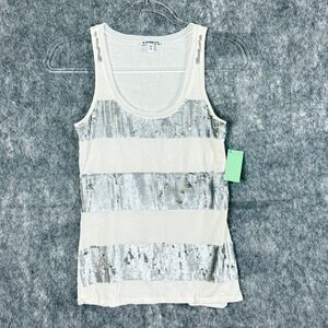 Vtg Express Y2K Womens Silver Sequin Tank Top w Organza Trim Sparkly Shirt XS
